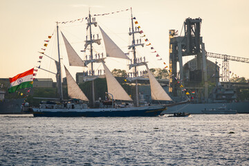 INS Sudarshini, the sail training ship of Indian Navy, sailing out of Kochi harbour.