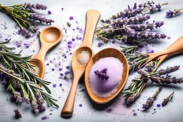 wooden spoon with Herb salt of rosemary and lavender blossoms