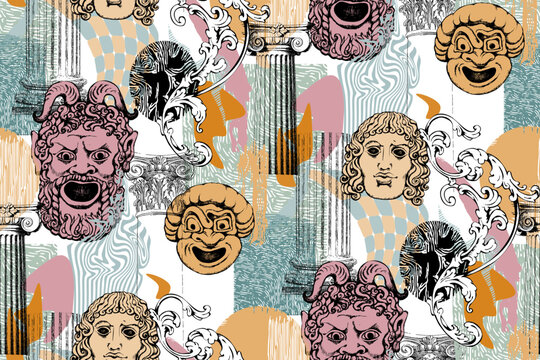 Antique mask. Seamless pattern. Vector illustration. Suitable for fabric, mural, wallpapers, wrapping paper and the like