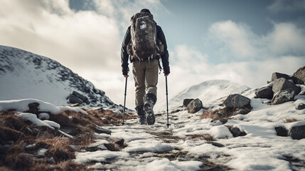 Trekking or hiking on a winter trail. Close up shot of hiking boots or shoes. Outdoor path with...