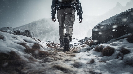 Trekking or hiking on a winter trail. Close up shot of hiking boots or shoes. Outdoor path with...
