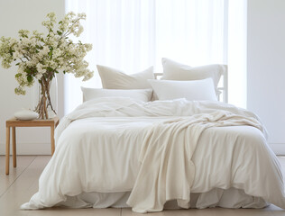 Fototapeta na wymiar A bed with white pillows near a glass vase with a beautiful bouquet of flowers