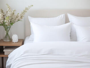 Closeup on a bed with white pillows near a glass vase with a beautiful bouquet of flowers