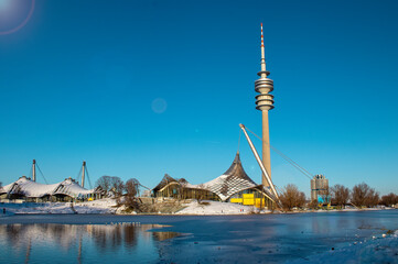 Lake near the Olympic Park in winter, Munich, Germany. This place is a tourist attraction in the...