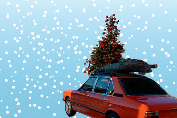 View of a decorated Christmas tree, a car with a Christmas tree. Christmas concept