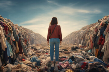 A girl in a landfill near huge piles of unwanted clothes. The problem of overproduction, irrational consumption and environmental pollution. - Powered by Adobe