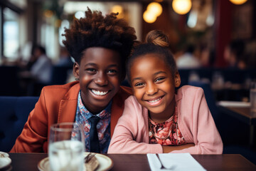 Two African-American school pupil kids children have romantic date in cafe. First mutual love like each other from young years age relationship sensuality tenderness concept.  - obrazy, fototapety, plakaty