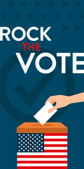 American election voting vector banner or poster. Political election campaign. Rock the vote, go vote, your vote your voice. Red white and blue American flag flyer or sign design. Ballot box vote.