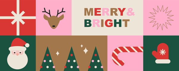 Merry and bright. Christmas poster. Minimal geometrical banner backgound. Vector
