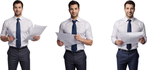 a photo of a businessman reading files and documents in hand wearing suit, advertisement for coaching classes, and a successful man, without a background - Generative AI