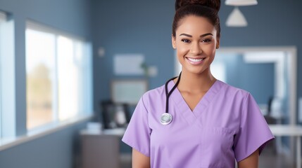Young nurse, wearing purple medical scrubs, smiling