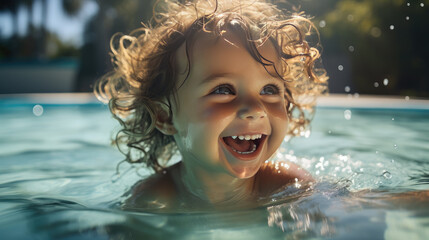  A child is swimming in the pool. - obrazy, fototapety, plakaty