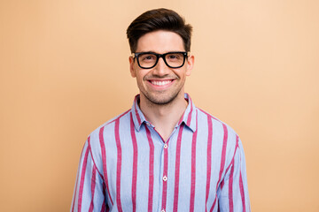 Portrait of happy smiling young funny representative director in stylish eyeglasses has a good mood...