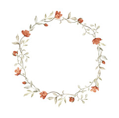 Floral circle wreath with red vintage flowers and leaves. Retro style. Watercolor illustrations. Template for postcards, posters, banner, baby shower, invitations, birthday, greetings. Place for text - obrazy, fototapety, plakaty