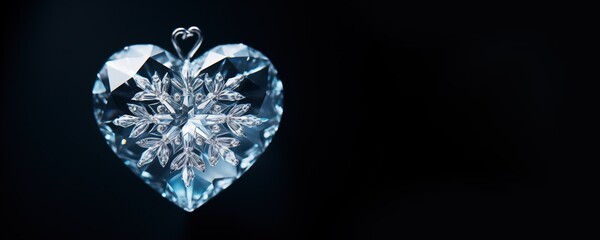 A crystal heart with intricate snowflake design against a dark background, exuding luxury and romance