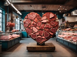 a heart-shaped sculpture made entirely of various cuts of meat, placed in the center of a butcher...