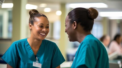 Two nurses smiling and talking, positive work environment at the clinic