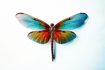 A vibrant dragonfly with delicate, multicolored wings displayed against a stark white background