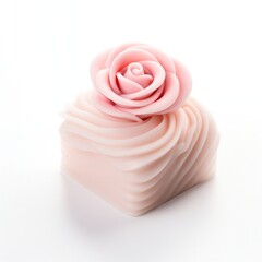 A delicate pink rose-shaped adornment crafted from a pliable material, presented on a soft white background