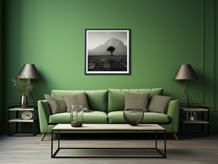 modern living room with green monochromatic color scheme