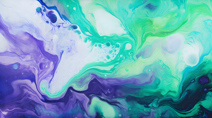 Fototapeta na wymiar Abstract fluid art background dark purple and green colors. Liquid acrylic painting generativ ai