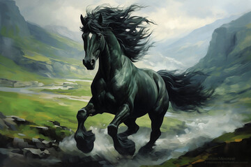 black horse running in the mountains
