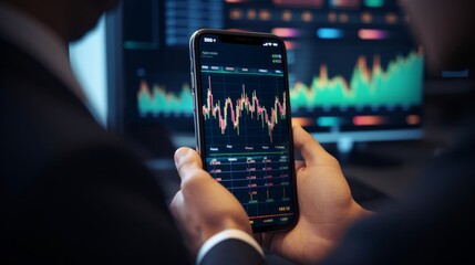 Trader using mobile app for crypto market analysis, trading - obrazy, fototapety, plakaty