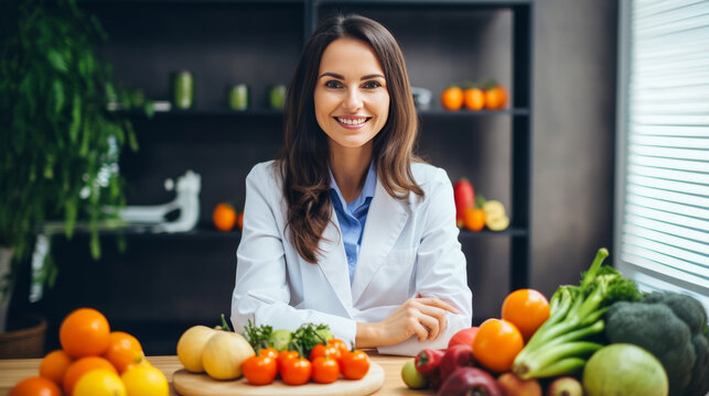 Friendly woman nutritionist sitting at workplace, waiting for patients in office, copy space for text.