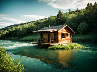 a small wooden cabin situated on a flowing river