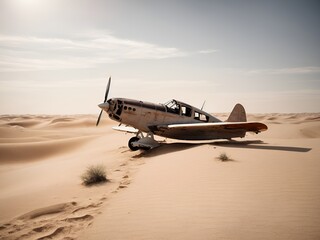 Fototapeta na wymiar a small wooden airplane that has crashed in the dense sands of the desert