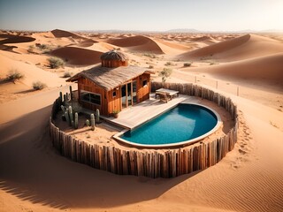 a small wooden cabin in a beautiful desert - Powered by Adobe