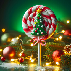 The Magic of Christmas Lollipop: Green Background with Lights and Sparkling Decorations