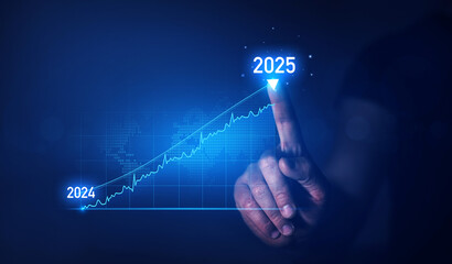 Businessman holding growth graph a year 2025 of business and data analysis. Development to success in year 2025.	
 - obrazy, fototapety, plakaty