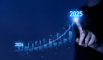 Businessman holding growth graph a year 2025 of business and data analysis. Development to success in year 2025.	
 - obrazy, fototapety, plakaty