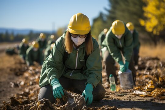 Volunteers in protective gear meticulously clean up a forest, demonstrating environmental stewardship