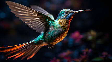 Koliber zbierający pyłek z kwiatów., Hovering hummingbird spreads iridescent wings in vibrant tropical motion generated by AI, Golden-tailed sapphire hummingbird, Hummingbird (archilochus colubris) 

