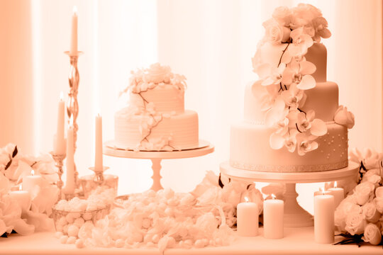 A beautiful peach-colored birthday cake on a background with a place to copy. A space to copy the peach color. 