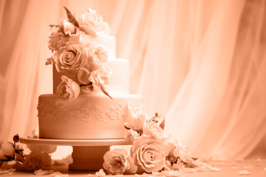 A beautiful peach-colored birthday cake on a background with a place to copy. A space to copy the peach color. 