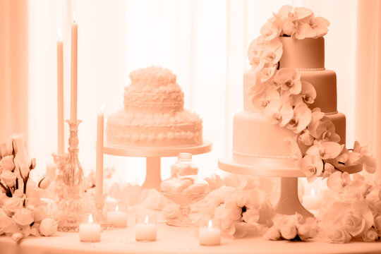 A beautiful peach-colored birthday cake on a background with a place to copy. A space to copy the peach color. 
