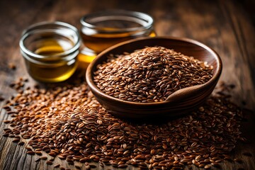 Flax seeds in a bowl, with oil in the background