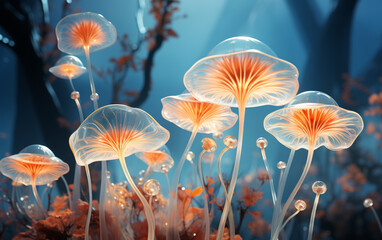 fantazyjne, bajkowe grzyby w kolorach pastelowych