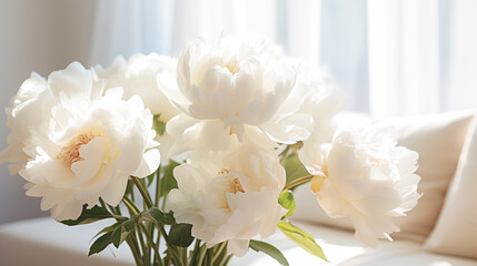 Obraz na płótnie Canvas Bouquet of stylish peonies close-up. White peony flowers. Close-up of flower petals. Floral greeting card or wallpaper. Delicate abstract floral pastel background. Greeting card. Generated AI