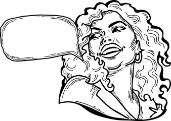 Beautiful young woman talk. Empty speech bubble for sale promotion, text background, quotes. Hand drawn illustration, cartoon comic style vector.