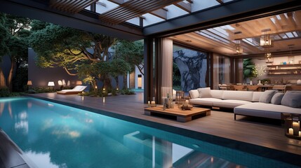 Elegant living space with inviting pool. Luxury home architecture for resident concept. Generative AI