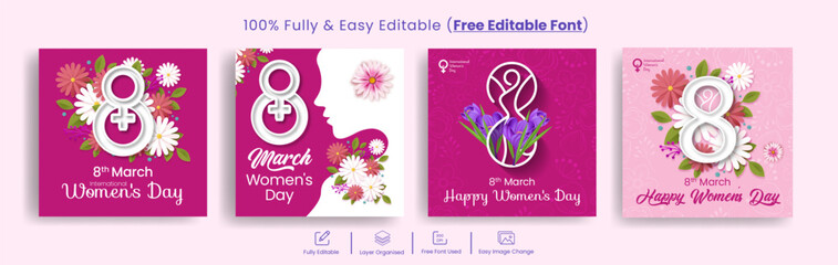 editable international womens day 8 march social media post banner ads template set with realistic flower female illustration, womens day celebration floral invitaion greeting card 3d background