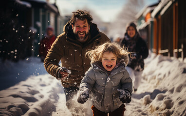 tato bawiący się z córką na śniegu w słoneczny dzień. - obrazy, fototapety, plakaty