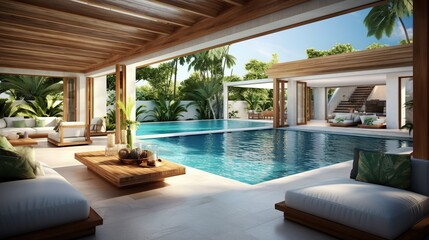Elegant living space with inviting pool. Luxury home architecture for resident concept. Generative AI
