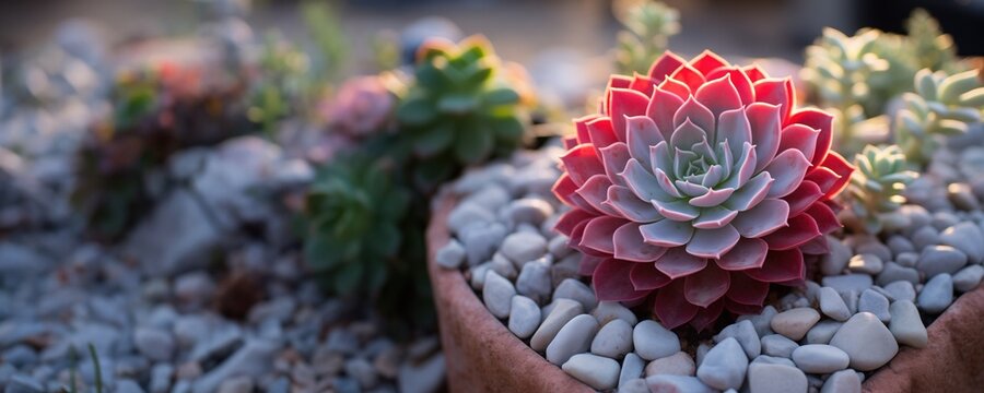 A vibrant Echeveria succulent in a terracotta pot surrounded by white pebbles and soft light at golden hour