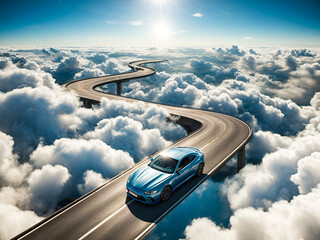 A car driving on a winding road between the clouds, indicating the concept of the difficulty of...