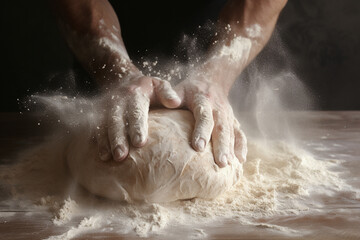 flour and men hands with flour splash. Cooking bread. Kneading the Dough